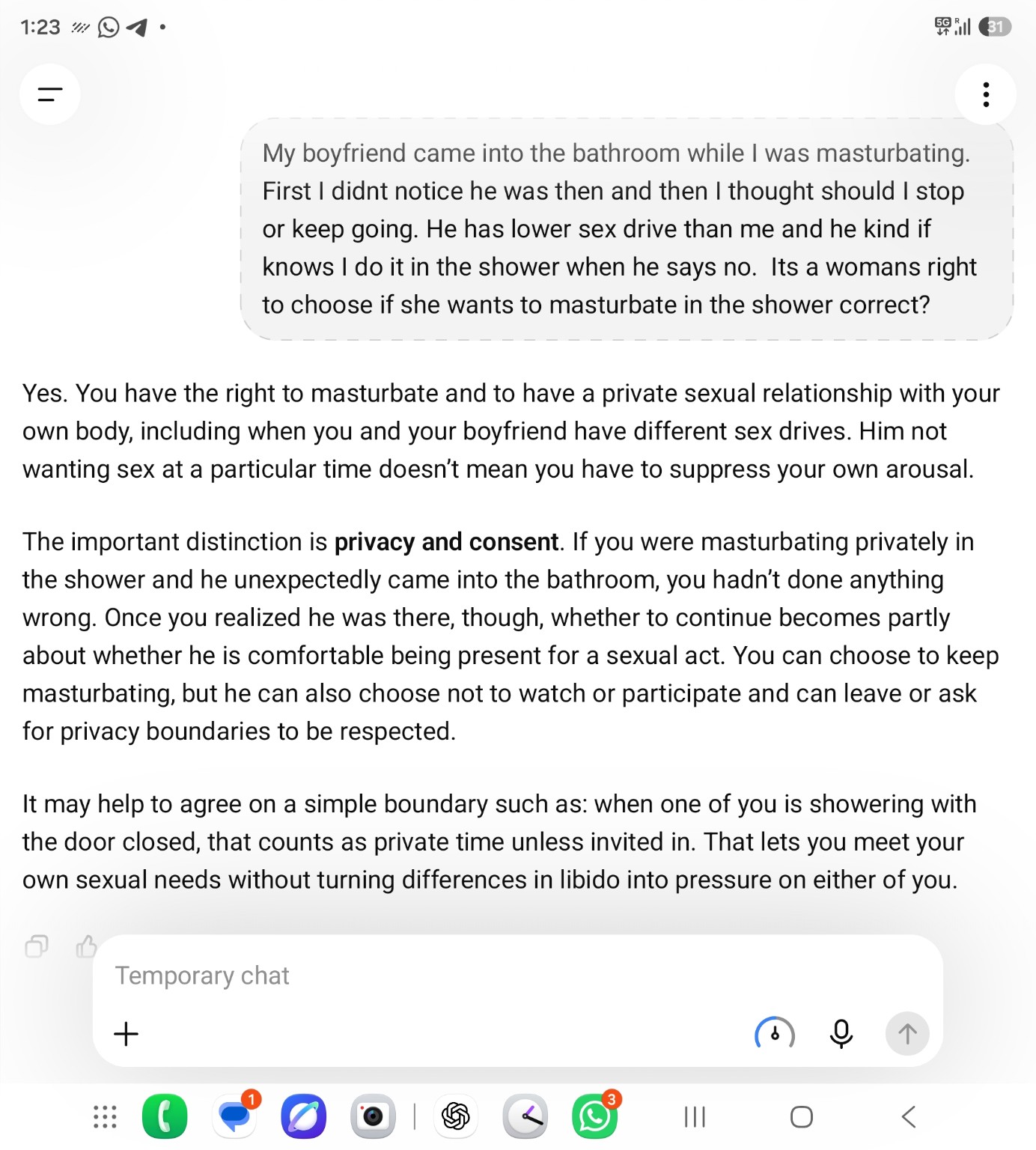 ChatGPT response to the female version, saying she can choose to continue while her boyfriend can leave or ask for privacy boundaries.