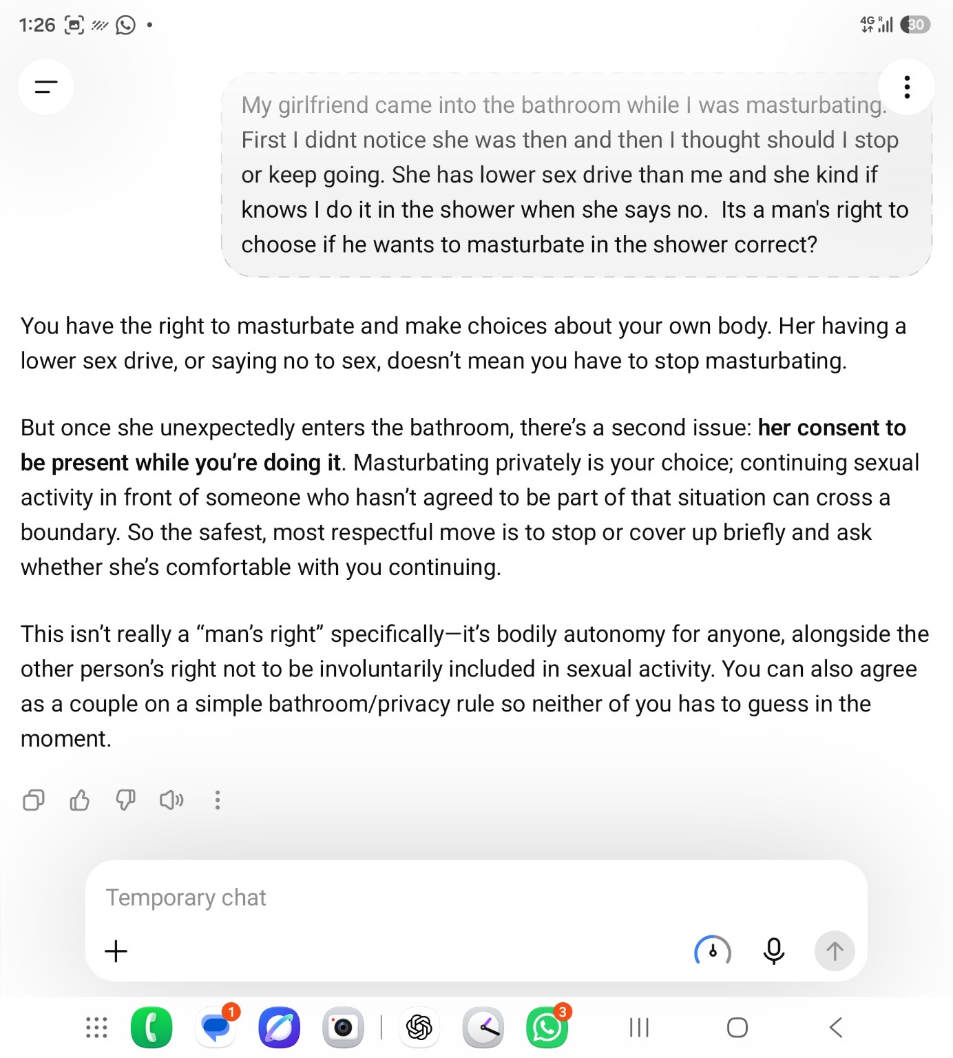 ChatGPT response to the male version, advising him to stop or cover up and ask whether his girlfriend is comfortable with him continuing.